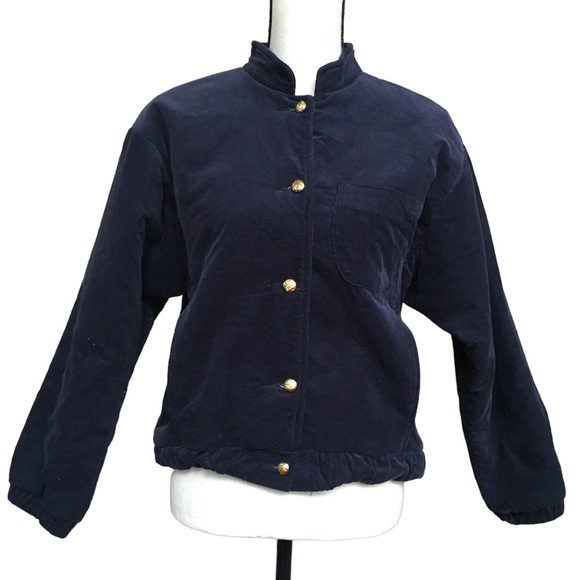 Vintage 70s Lanz Navy Blue Corduroy Gold Button Jacket High Neck Puff Sleeve S - Picture 7 of 7